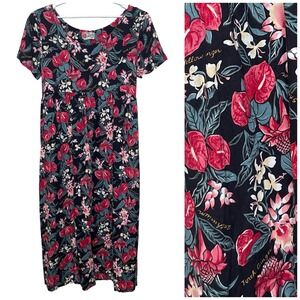 Vintage Hilo Hattie Hawaiian Maxi Dress Women L Black Floral Rayon MuuMuu Resort